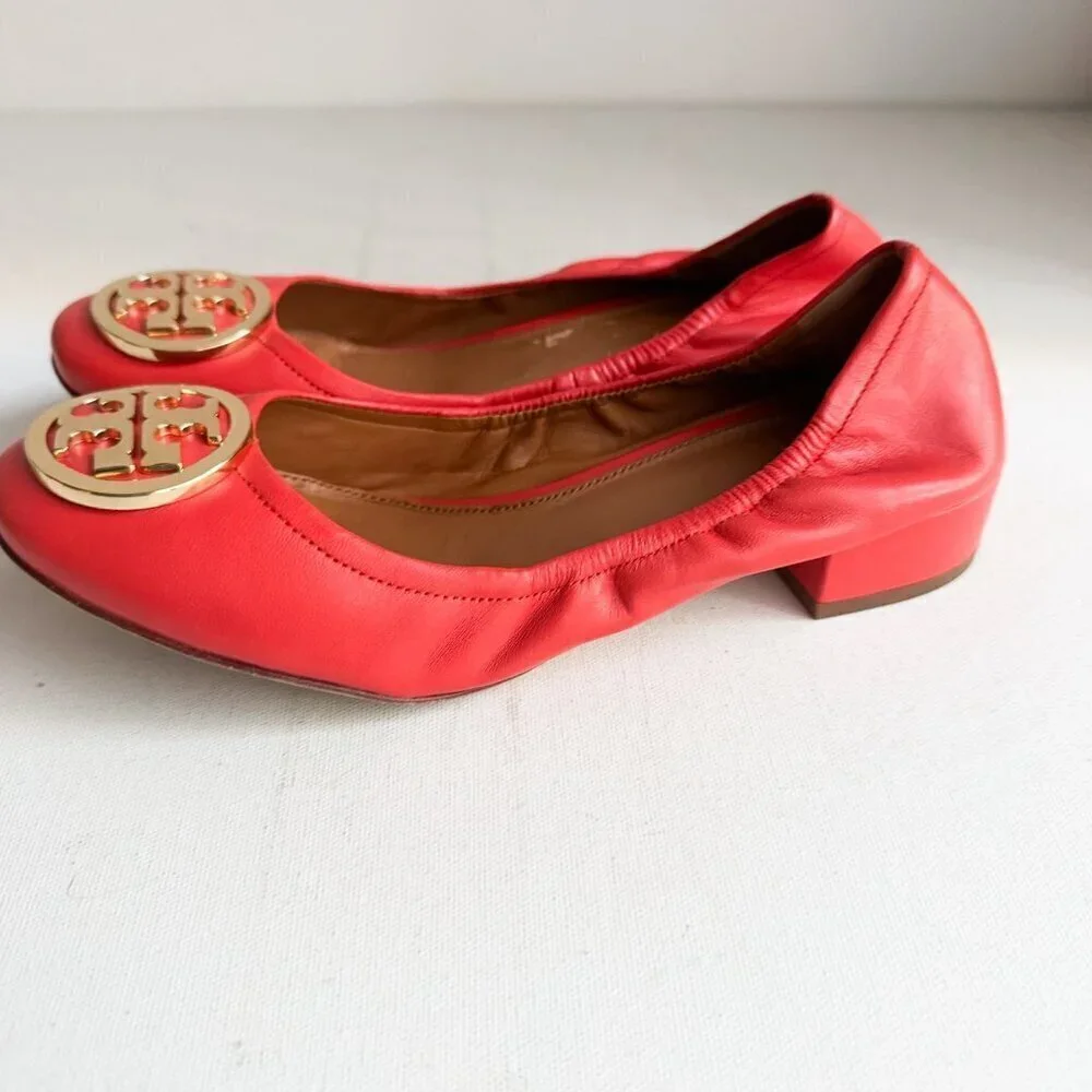 Tory Burch Leather Coral Orange Scrunch Back Low Black Heel Flats 6.5